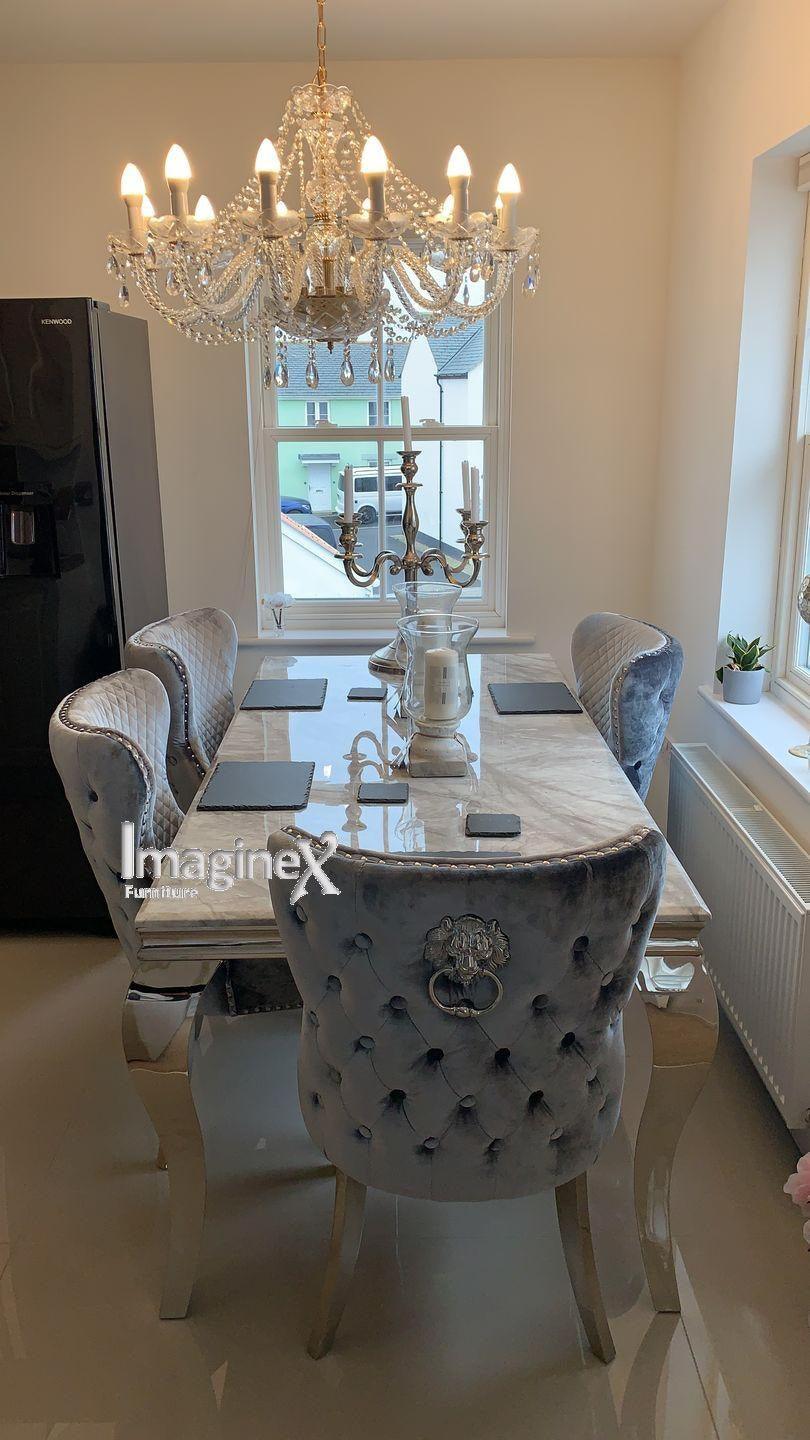Louis 180cm Grey Marble Dining Table + Valente Dark Grey Lion Knocker Velvet Chairs-Esme Furnishings