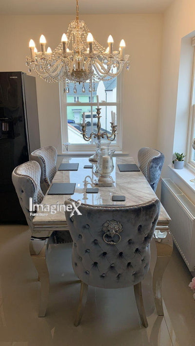 Louis 180cm Grey Marble Dining Table + Valente Dark Grey Lion Knocker Velvet Chairs-Esme Furnishings