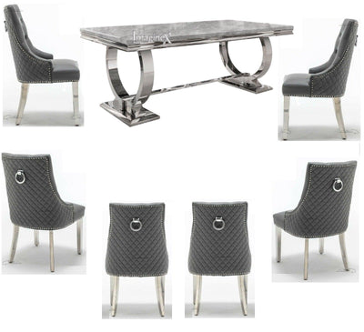 Arianna 180cm Grey Marble Dining Table + Grey Chrome Ring Knocker Faux Leather Chairs-Esme Furnishings