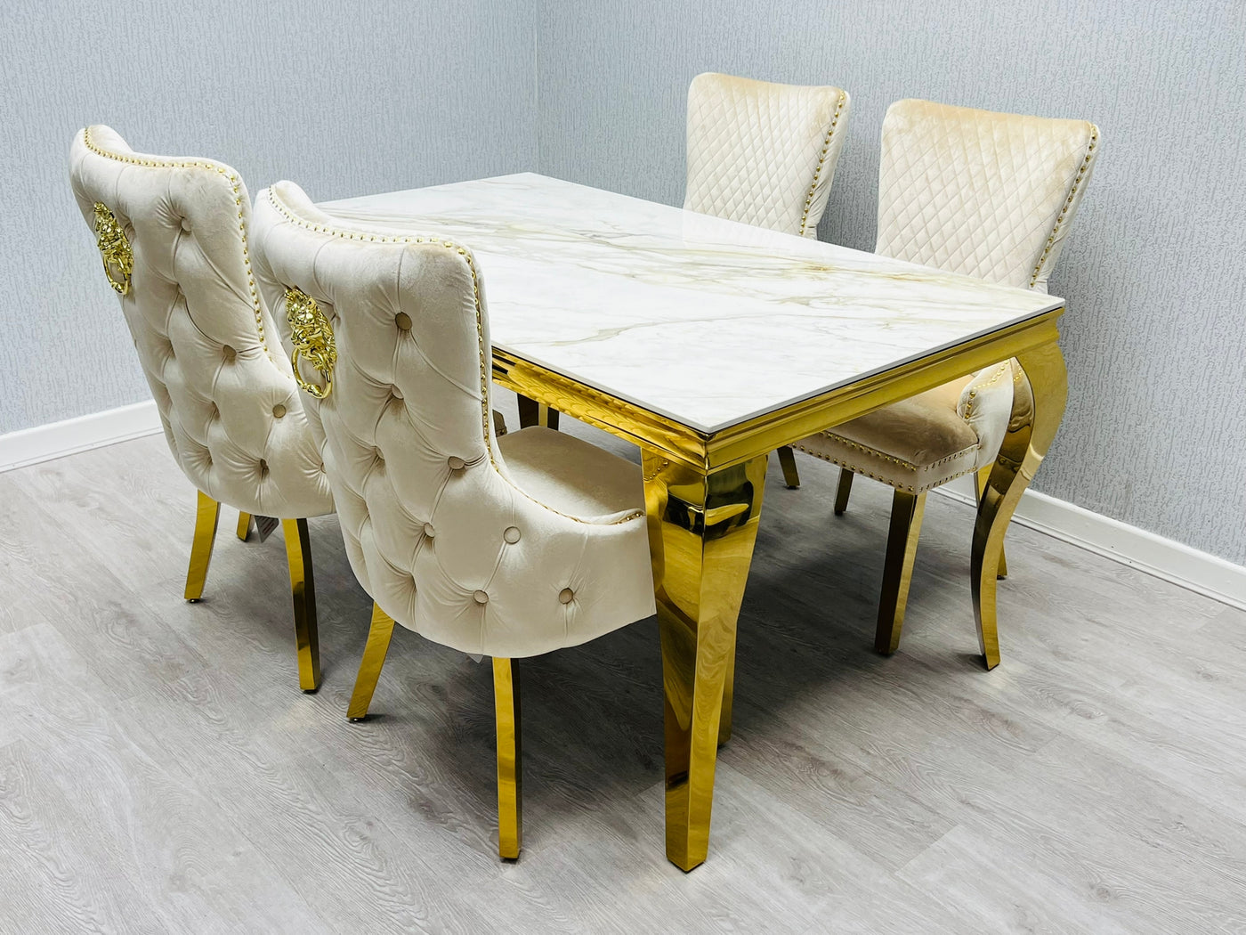 Louis Gold Pandora Gold Sintered Stone Dining Table With Shimmer Gold Lion Knocker Dining Chairs