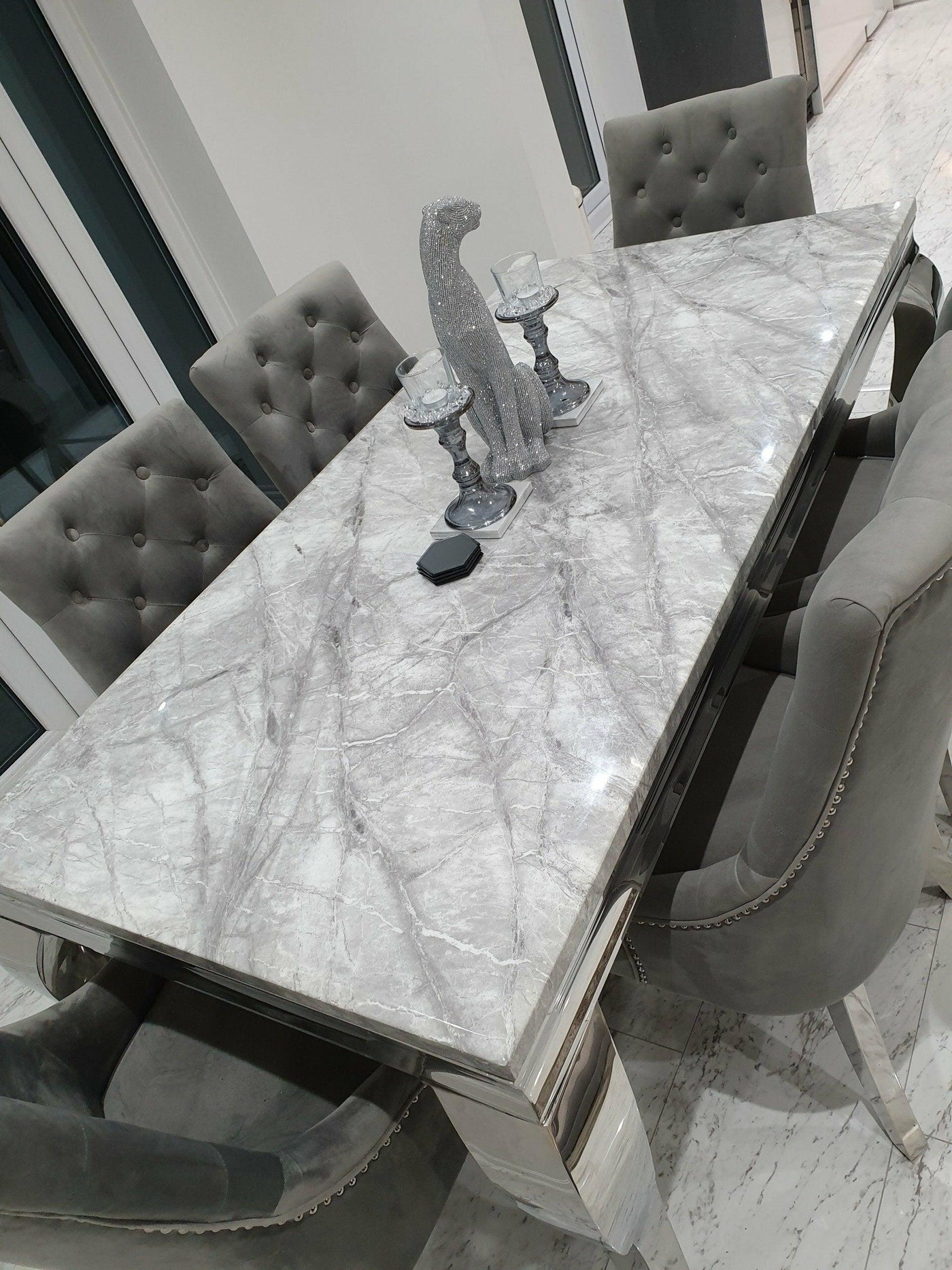 Louis 120cm Grey Marble Dining Table + Knightsbridge Light Grey Knocker Plush Velvet Chairs-Esme Furnishings