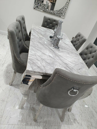 Louis 200cm White Marble Dining Table + Knightsbridge Dark Grey Knocker Plush Velvet Chairs-Esme Furnishings