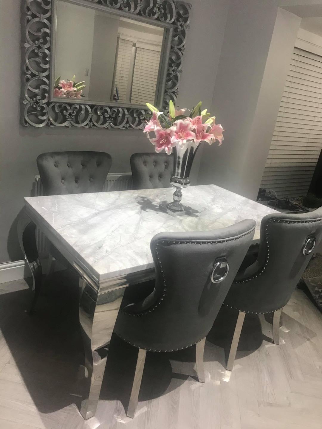 Louis 180cm Grey Marble Dining Table + Dark Grey Ring Knocker Plush Velvet Chairs-Esme Furnishings