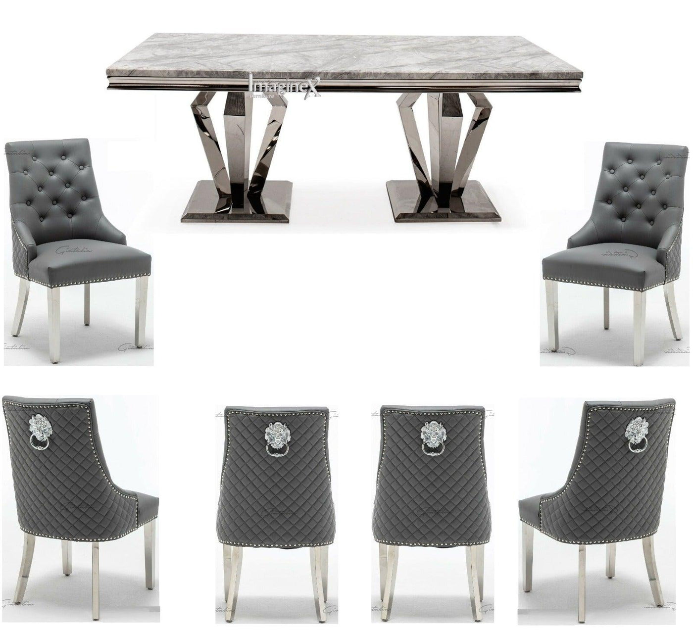 Arturo 180cm Grey Marble Dining Table + Grey Lion Knocker Faux Leather Chairs-Esme Furnishings