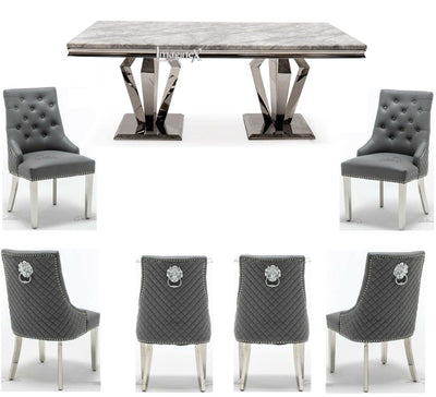 Arturo 180cm Grey Marble Dining Table + Grey Lion Knocker Faux Leather Chairs-Esme Furnishings