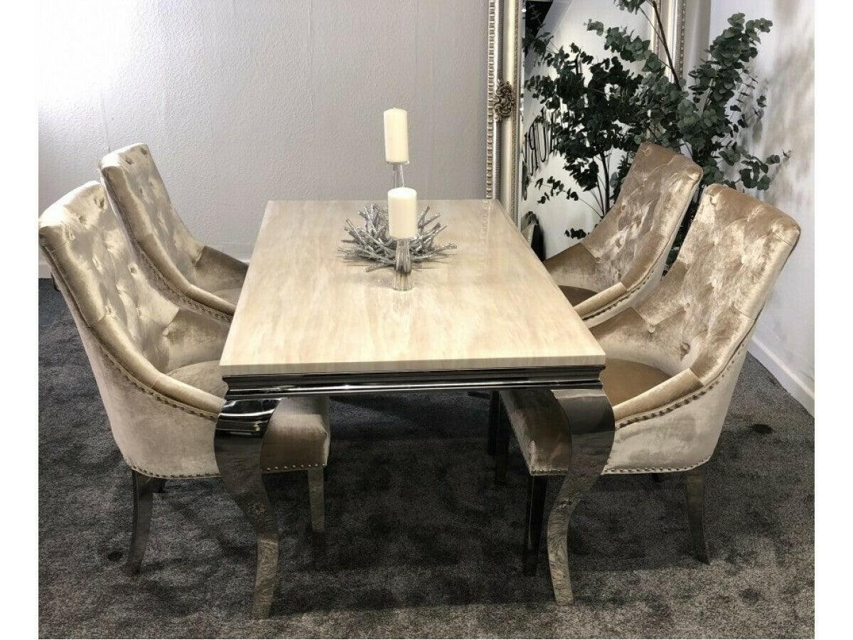 Louis 200cm Cream Marble Dining Table + Chrome Ring Knocker Dining Chairs-Esme Furnishings