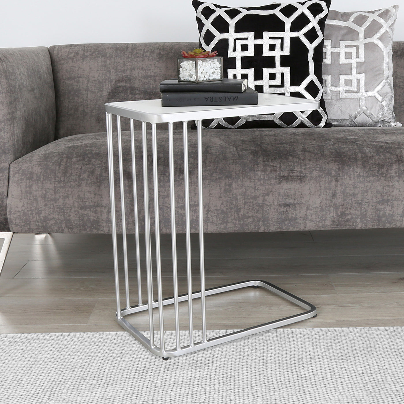 Como White Marble Effect Top Metal Side Sofa End Table-Esme Furnishings