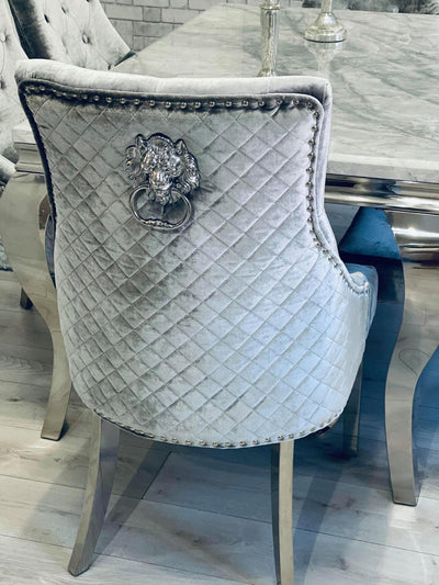 Louis 150cm Grey Marble Dining Table + 4 Silver Grey Lion Knocker Chairs + 110cm Bench-Esme Furnishings