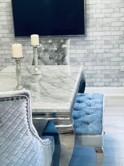 Louis 150cm Grey Marble Dining Table + 4 Silver Grey Lion Knocker Chairs + 110cm Bench-Esme Furnishings