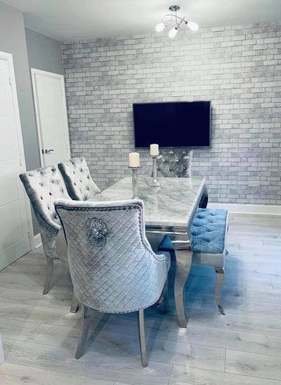 Louis 150cm Grey Marble Dining Table + 4 Silver Grey Lion Knocker Chairs + 110cm Bench-Esme Furnishings