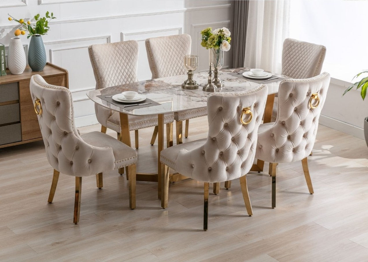 Lucien 180cm Gold Oval Dining Table with Pandora Gold Ceramic Marble Top + Cream/Gold  Ring Knocker Velvet Chairs