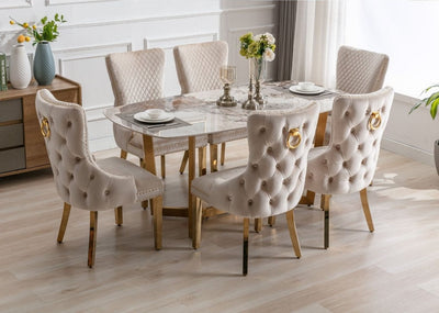 Lucien 180cm Gold Oval Dining Table with Pandora Gold Ceramic Marble Top + Cream/Gold  Ring Knocker Velvet Chairs