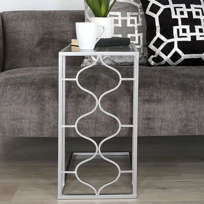 Moroccan Metal & Silver Sofa End Table Clear Mirror Glass Top-Esme Furnishings
