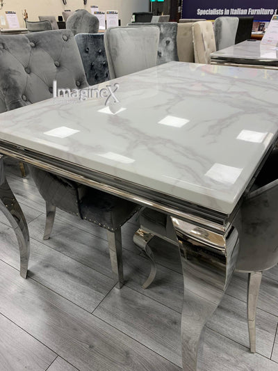 Louis 160cm White Marble Dining Table + Valente Dark Grey Lion Knocker Velvet Chairs-Esme Furnishings