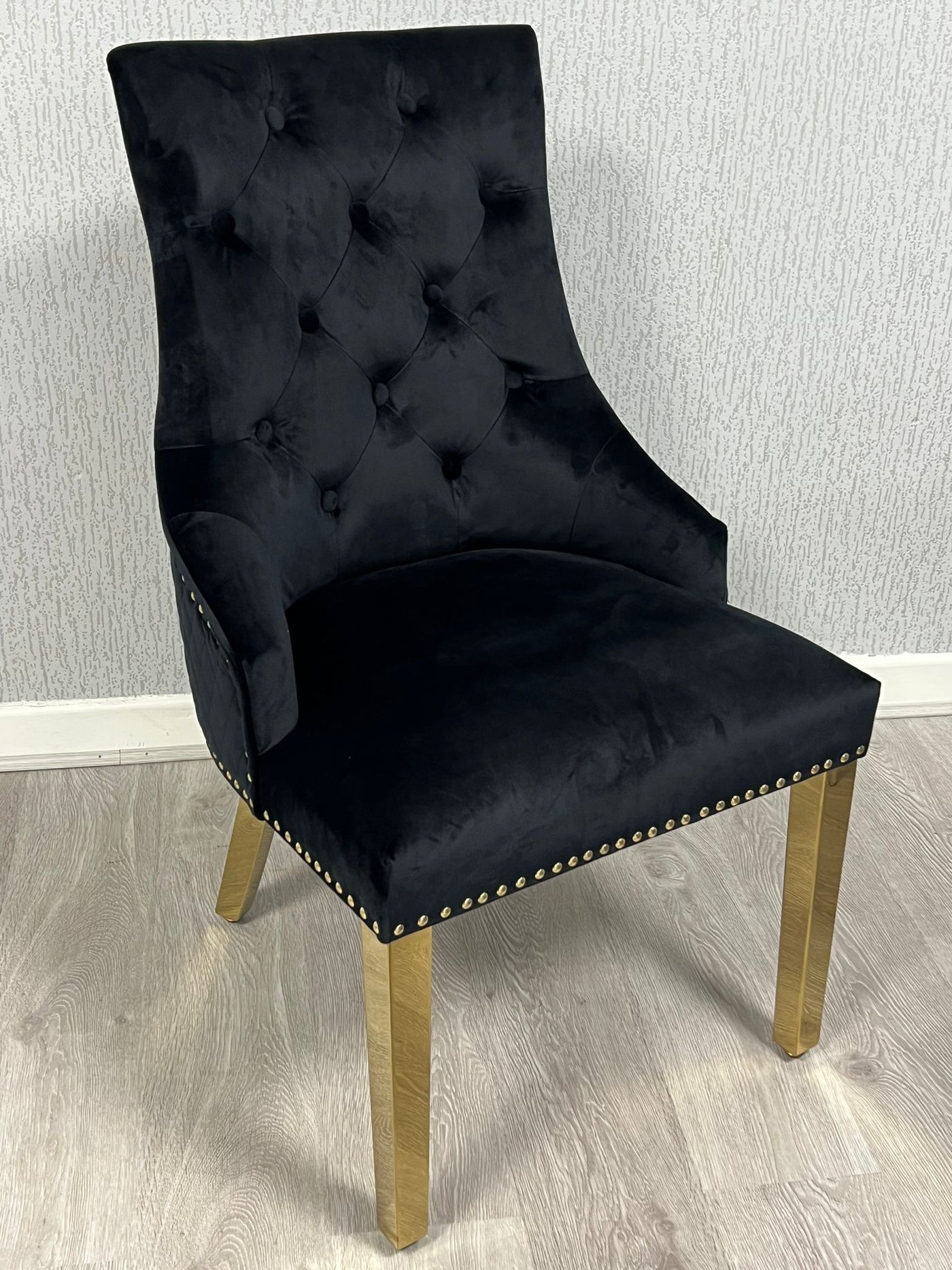 Majestic Black Gold Ring Knocker Quilted Tufted Plush Velvet Dining Chair Gold Legs-Esme Furnishings