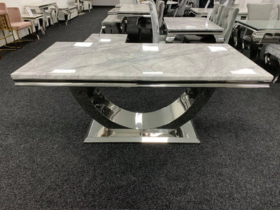 Arial 200cm Grey Marble Dining Table + Valentino Button Back Lion Knocker Velvet Chairs-Esme Furnishings