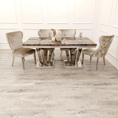Arturo 180cm Brown Marble Dining Table + Valente Champagne Mink Shimmer Lion Dining Chairs