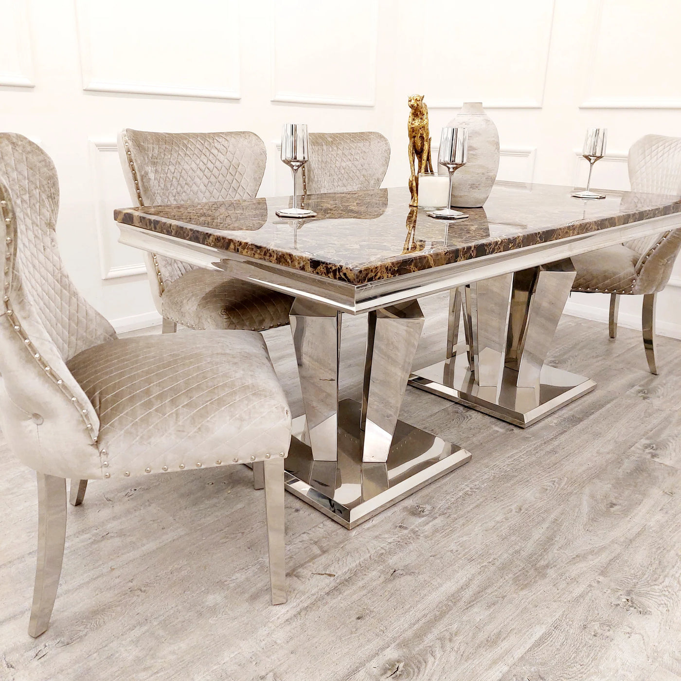 Arturo 180cm Brown Marble Dining Table + Valente Champagne Mink Shimmer Lion Dining Chairs