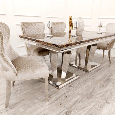 Arturo 180cm Brown Marble Dining Table + Valente Champagne Mink Shimmer Lion Dining Chairs