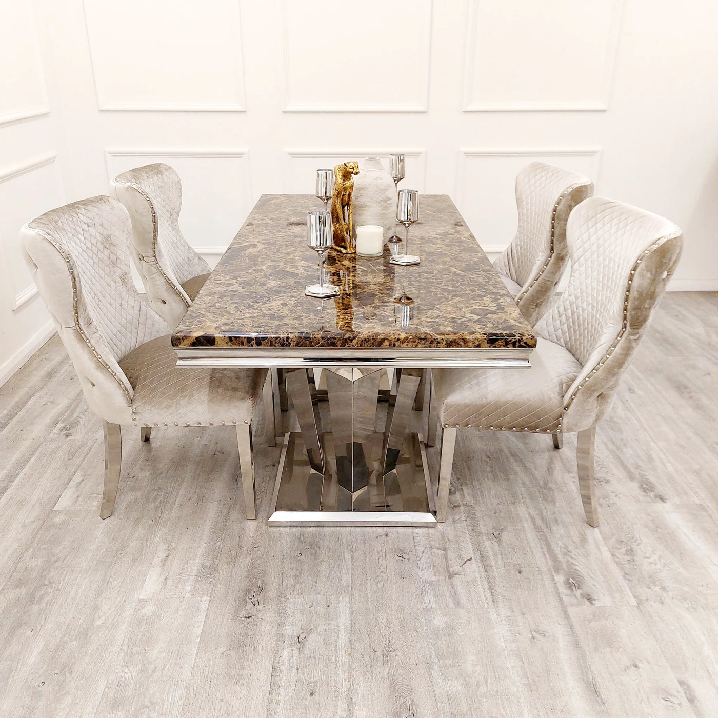 Arturo 180cm Brown Marble Dining Table + Valente Champagne Mink Shimmer Lion Dining Chairs