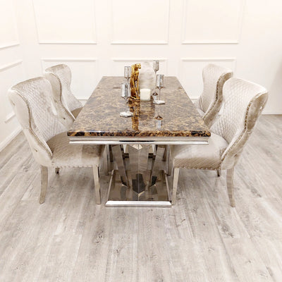 Arturo 180cm Brown Marble Dining Table + Valente Champagne Mink Shimmer Lion Dining Chairs