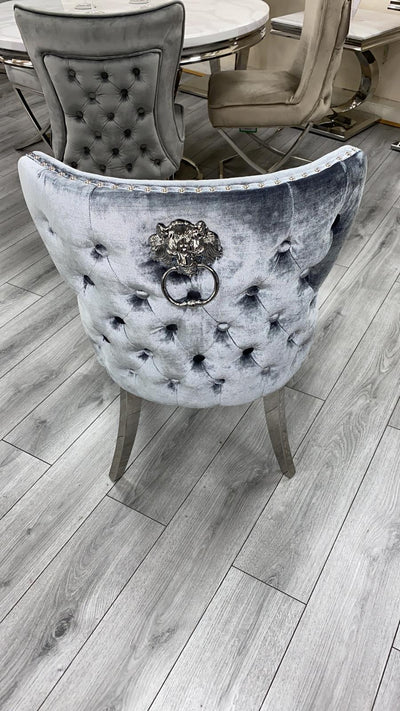 Louis 150cm White Marble Dining Table + Valente Dark Grey Lion Knocker Velvet Chairs-Esme Furnishings