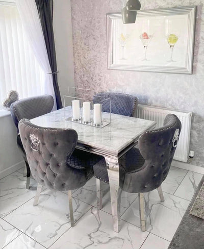Louis Marble & Chrome Dining Table With Valente Lion Knocker Velvet Chairs-Esme Furnishings