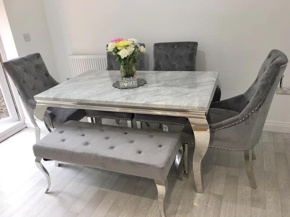 Louis 200cm Grey Marble Dining Table + 4 Grey Ring Knocker Chairs + 160cm Bench-Esme Furnishings