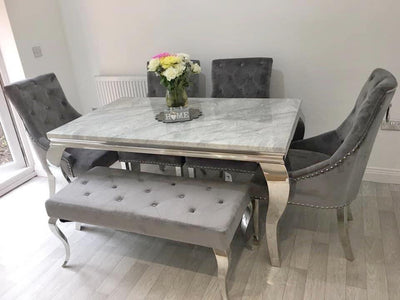 Louis 140cm Grey Marble Dining Table + 4 Grey Ring Knocker Chairs + 110cm Bench-Esme Furnishings