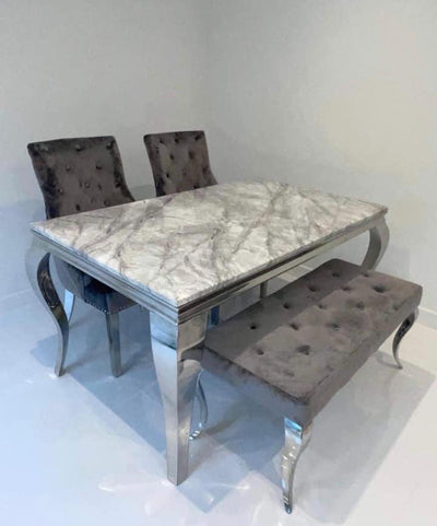 Louis 150cm Grey Marble Dining Table + 2 Grey Ring Knocker Chairs + 110cm Bench-Esme Furnishings