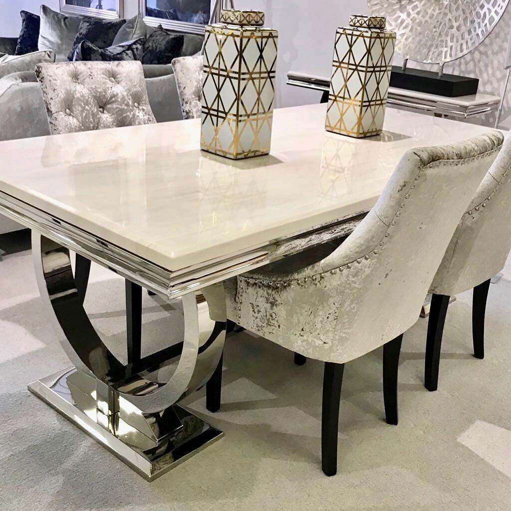Arianna 180CM Cream Marble Dining Table + Lion Knocker Plush Velvet Dining Chairs-Esme Furnishings