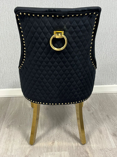 Louis Gold Round Black Marble 110cm Dining Table + Black Gold Ring Knocker Velvet Dining Chairs