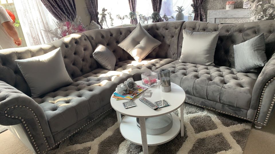 Elegance Grey Plush Velvet Corner Sofa 260x260cm-Esme Furnishings
