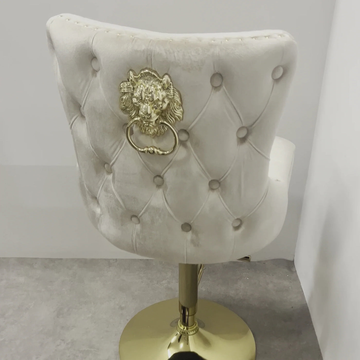 Valentino Cream Gold Lion  Knocker Quilted Back Plush Velvet Gold Bar Stool