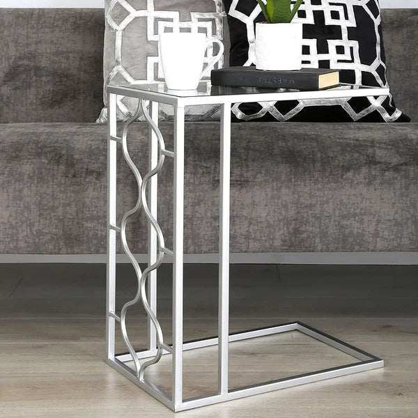 Moroccan Metal & Silver Sofa End Table Clear Mirror Glass Top-Esme Furnishings