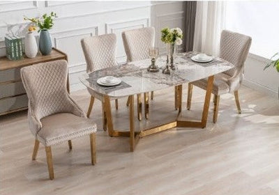 Lucien 180cm Gold Oval Dining Table with Pandora Gold Ceramic Marble Top + Cream/Gold  Ring Knocker Velvet Chairs