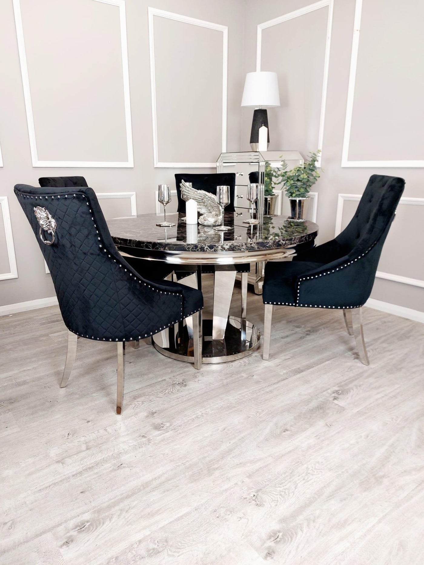 Athens Black Marble 130cm Round Dining Table + Black Lion Knocker Plush Velvet Chairs-Esme Furnishings