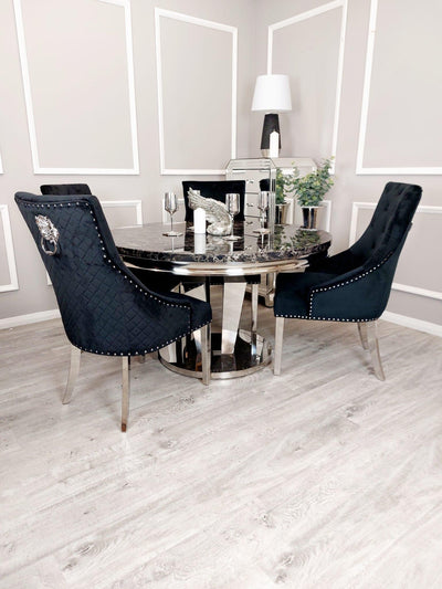 Athens Black Marble 130cm Round Dining Table + Black Lion Knocker Plush Velvet Chairs-Esme Furnishings