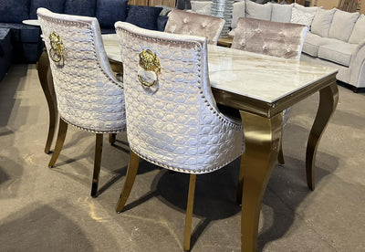 Louis 150CM Gold Ceramic Marble Dining Table + Gold Lion Knocker Dining Chairs-Esme Furnishings