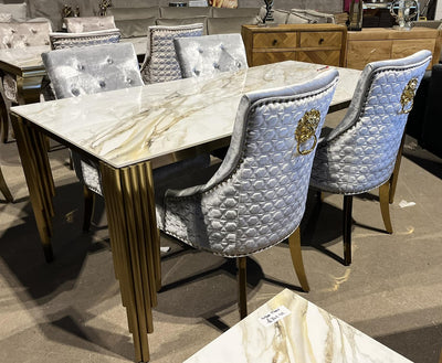 Mayfair 180CM Gold Ceramic Marble Dining Table + Gold Lion Knocker Dining Chairs-Esme Furnishings