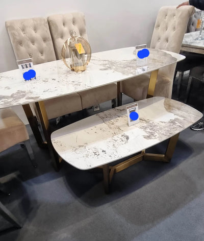 Lucien 150cm Gold Oval Dining Table with Pandora Gold Ceramic Marble Top + Cream/Gold  Ring Knocker Velvet Chairs