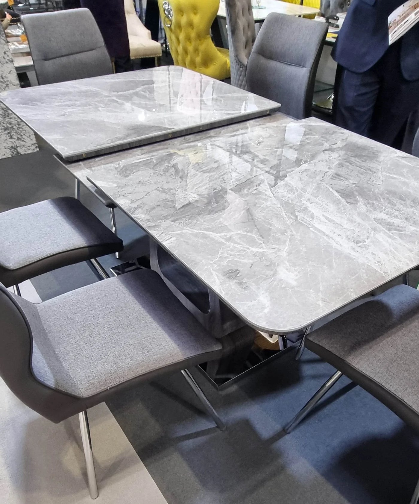 Zermatt 160-200cm Extending Ceramic Grey Marble Dining Table + 6 Fabric Dining Chairs