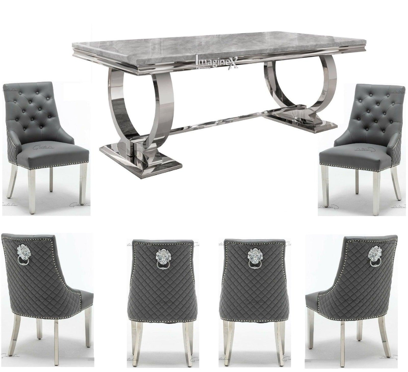 Arianna 180cm Grey Marble Dining Table + Grey Lion Knocker Faux Leather Chairs-Esme Furnishings