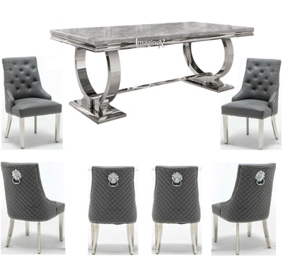 Arianna 180cm Grey Marble Dining Table + Grey Lion Knocker Faux Leather Chairs-Esme Furnishings