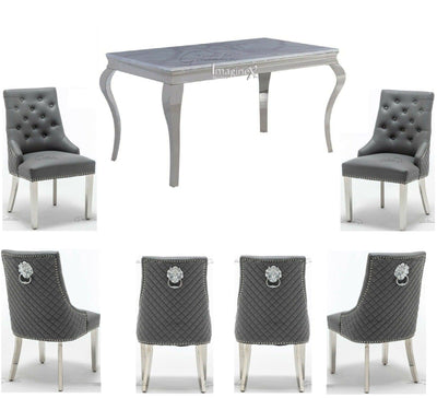 Louis 150cm White Marble Dining Table + Grey Lion Knocker Faux Leather Chairs-Esme Furnishings