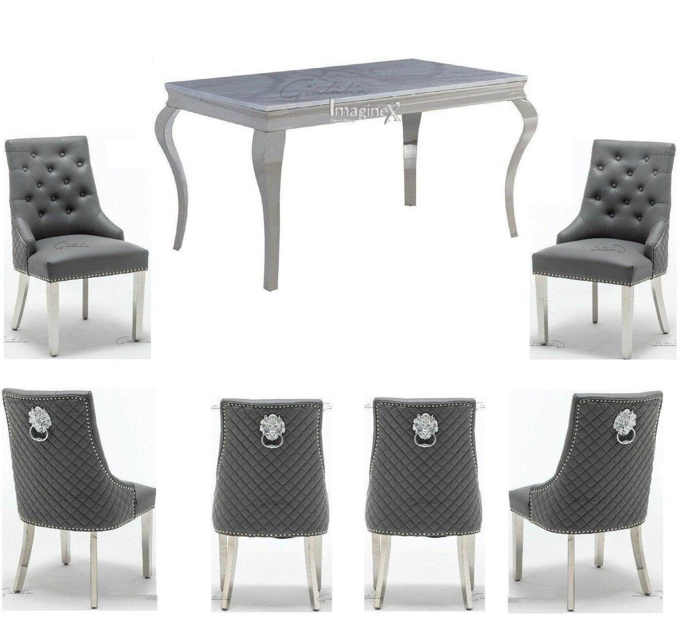 Louis 160cm Grey Marble Dining Table + Grey Lion Knocker Faux Leather Chairs-Esme Furnishings