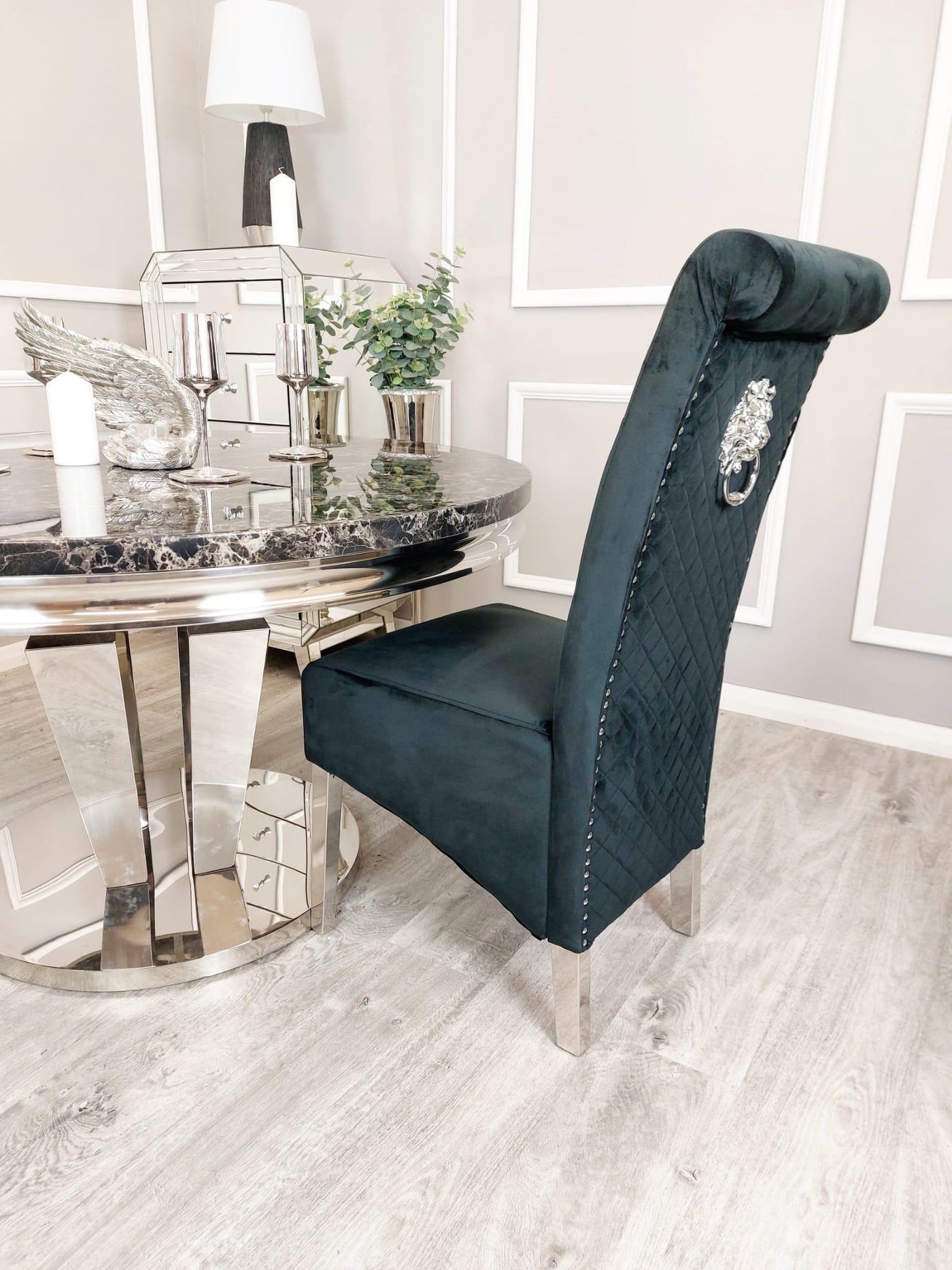 Athens Black Marble 130cm Round Dining Table + Lucy Black Lion Knocker Plush Velvet Chairs-Esme Furnishings