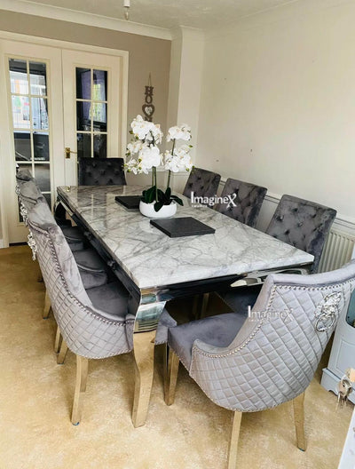 Louis 160cm Grey Marble Dining Table + Light Grey Lion Knocker Plush Velvet Chairs-Esme Furnishings