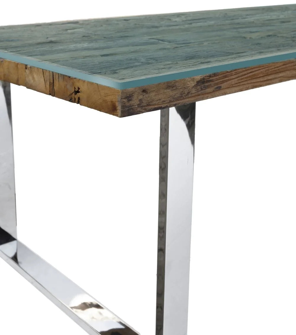 Railway Sleeper Reclaimed Wood Industrial Glass Top 220cm Dining Table-Esme Furnishings