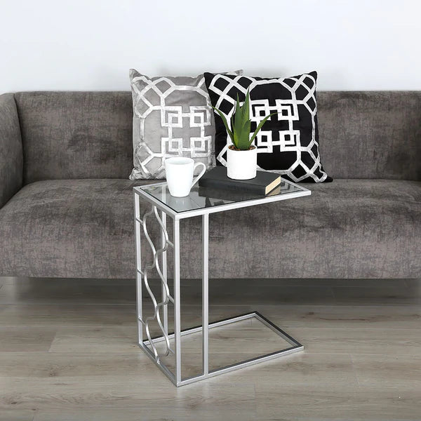 Moroccan Metal & Silver Sofa End Table Clear Mirror Glass Top-Esme Furnishings